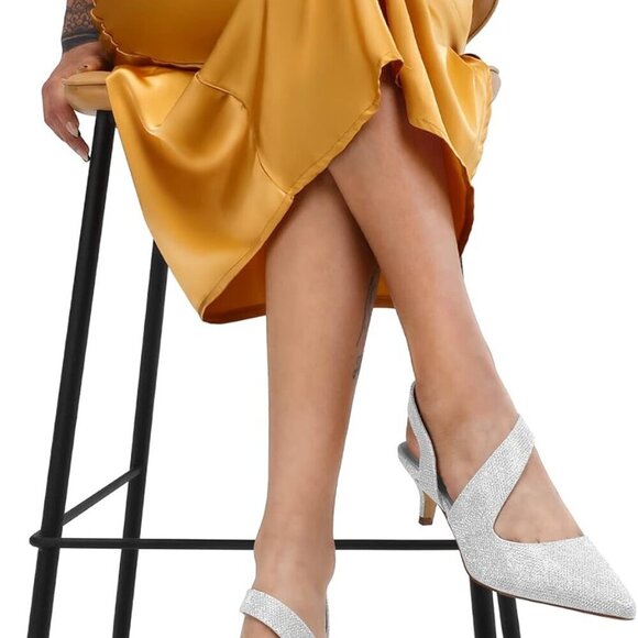 Women's Silver Kitten Heels 2 Inch Slingback Pumps for Wedding Party Dress - Picture 5 of 6